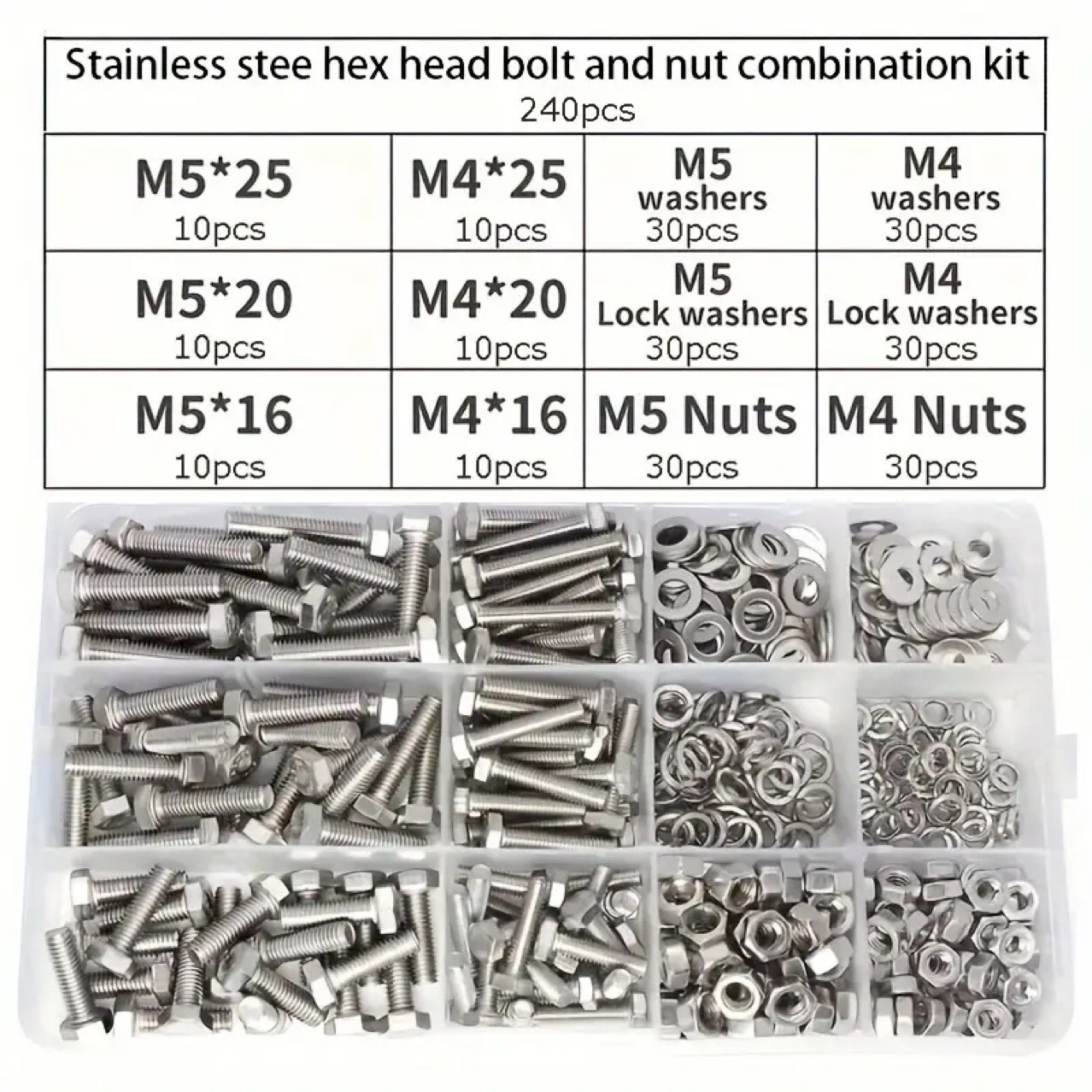 304 Stainless Steel Hex Bolts Nuts Washers Assortment Kit, Multi Size Hexagonal Screws Fasteners Set for DIY Repair Machinery